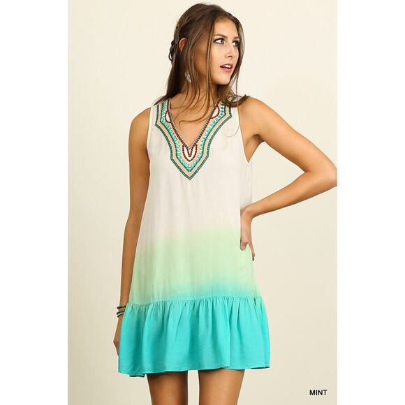 Umgee Dress Sz S Mint Beaded Embellished Ombre Embroidered Summer Cottage Tunic - Picture 5 of 5